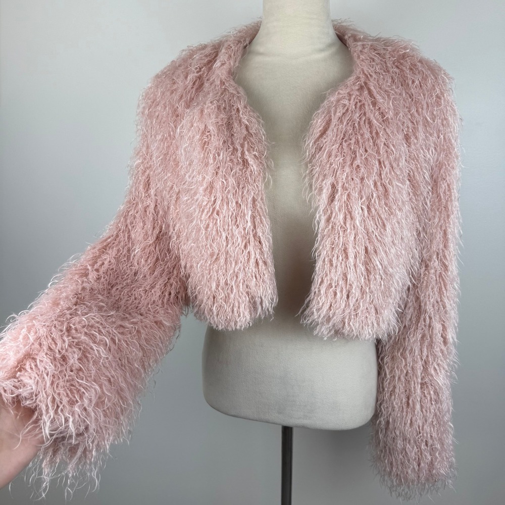 NWT Amazhiyu Pink Shaggy Faux Fur Crop Jacket Mongolian Style Womens Size Med